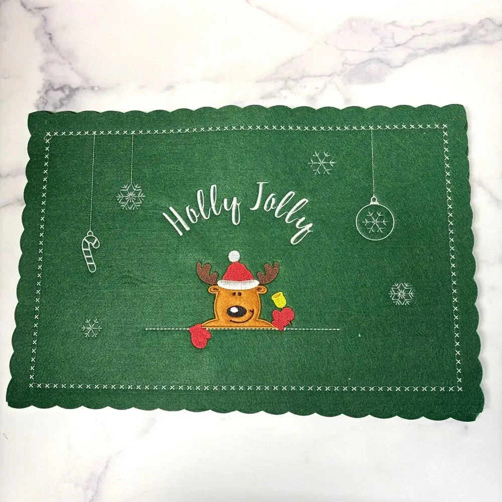 Christmas Holly Jolly Reindeer Placemats Set of 4 Green Felt Embroidered